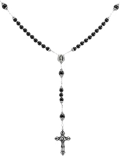 Sterling Silver Rosary, Black Onyx 8mm, Crucifix & Miraculous Medal, 28" Necklace Prayer Beads