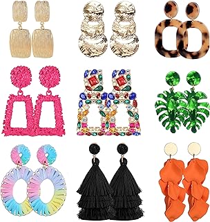 JeryWe 9 Pairs Clip on Earrings for Women Fashion Rattan Acrylic Tassel Drop Dangle Earrings Set Lightweight Geometric Statement Bohemian Clip Earrings for Non Piercied
