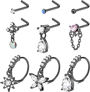316L Stainless Steel Butterfly Hoop Nose Rings, 9 Piece Set with Cubic Zirconia for Women Teens, Variety of L-Shaped Studs, Star and Teardrop Designs