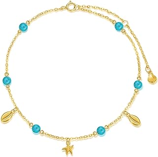 SISGEM 14K Yellow Gold Box Chain Anklet with Created Turquoise Starfish and Shell for Women - Ocean Inspired Birthday Gifts