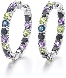 Gemstone Hoop Earrings for Women 925 Sterling Silver 4.0 mm Natural Amethyst Blue Topaz Peridot 18K White Gold Plated Earrings Jewelry