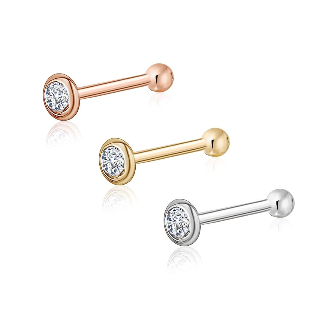 Massete 18k 14k Gold Nose Ring - 20g Nose Stud, Hypoallergenic Threadless Piercings for Women Men, Yellow White Rose Real Gold Standard or Long Nose Rings Studs, CZ or Ball Nose Piercing Jewelry