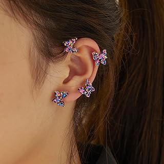 Sparkling Sequins Butterfly Ear Cuffs 2pcs Colorful Tiny Butterfly Cartilage Climber Ear Wrap Non-pierced Clip on Earrings for Women and Girls
