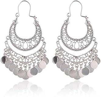 RIAH FASHION Bohemian Chandelier Coin Dangle Earrings - Gypsy Lightweight Filigree Disc Charm Tassel Ethnic Hoops