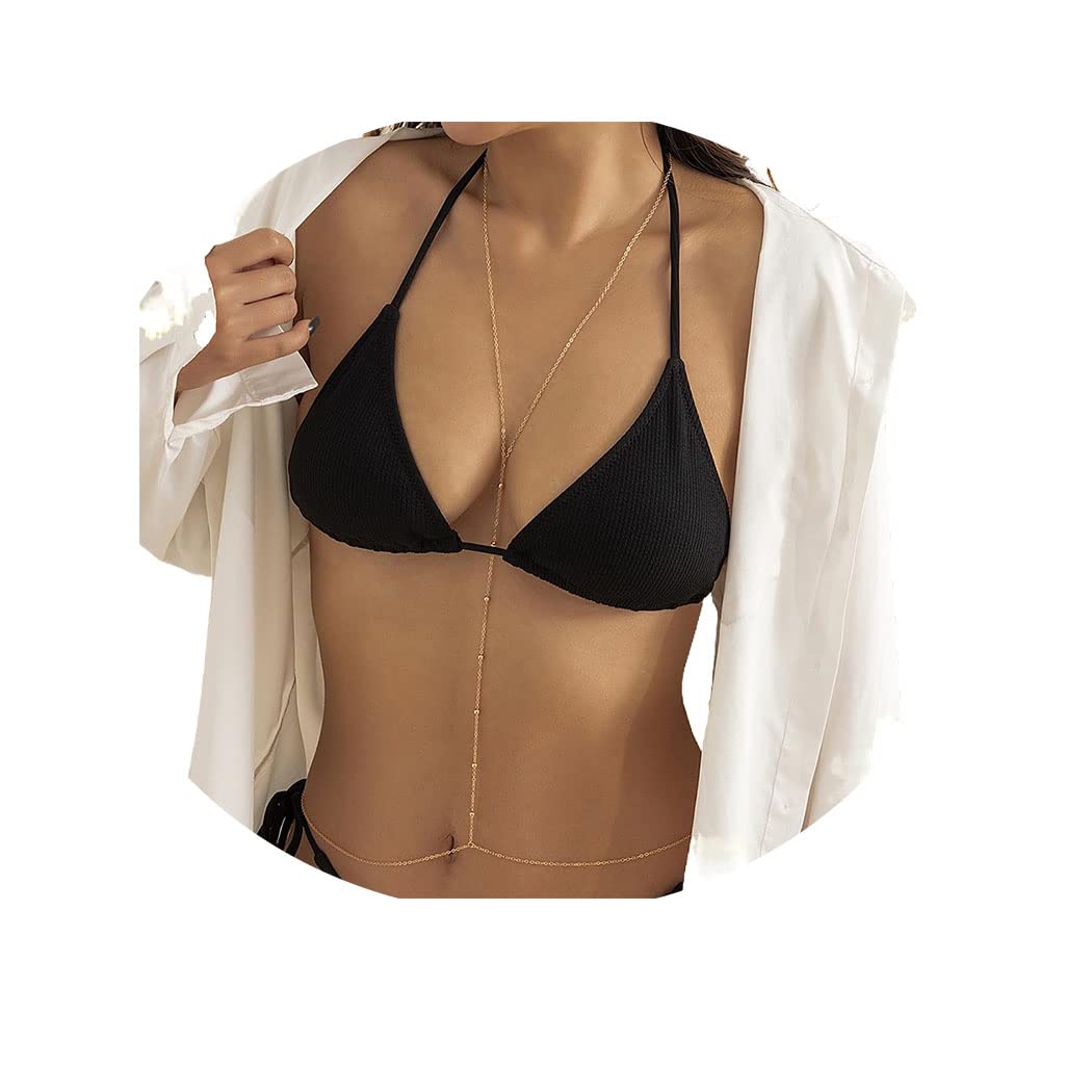 Gold Sexy Body Chain Crossover Thin Bra Bikini Waist Belly Body Chains Beach Body Necklace Jewelry for Women, B-100