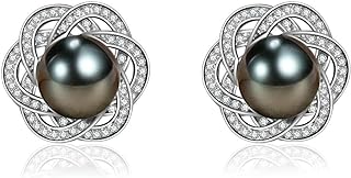 NONNYL Sterling Silver Stud Earrings with Tahitian Black Pearl and Hoop Design - Luxurious 18K Gold Plated Gift for Women