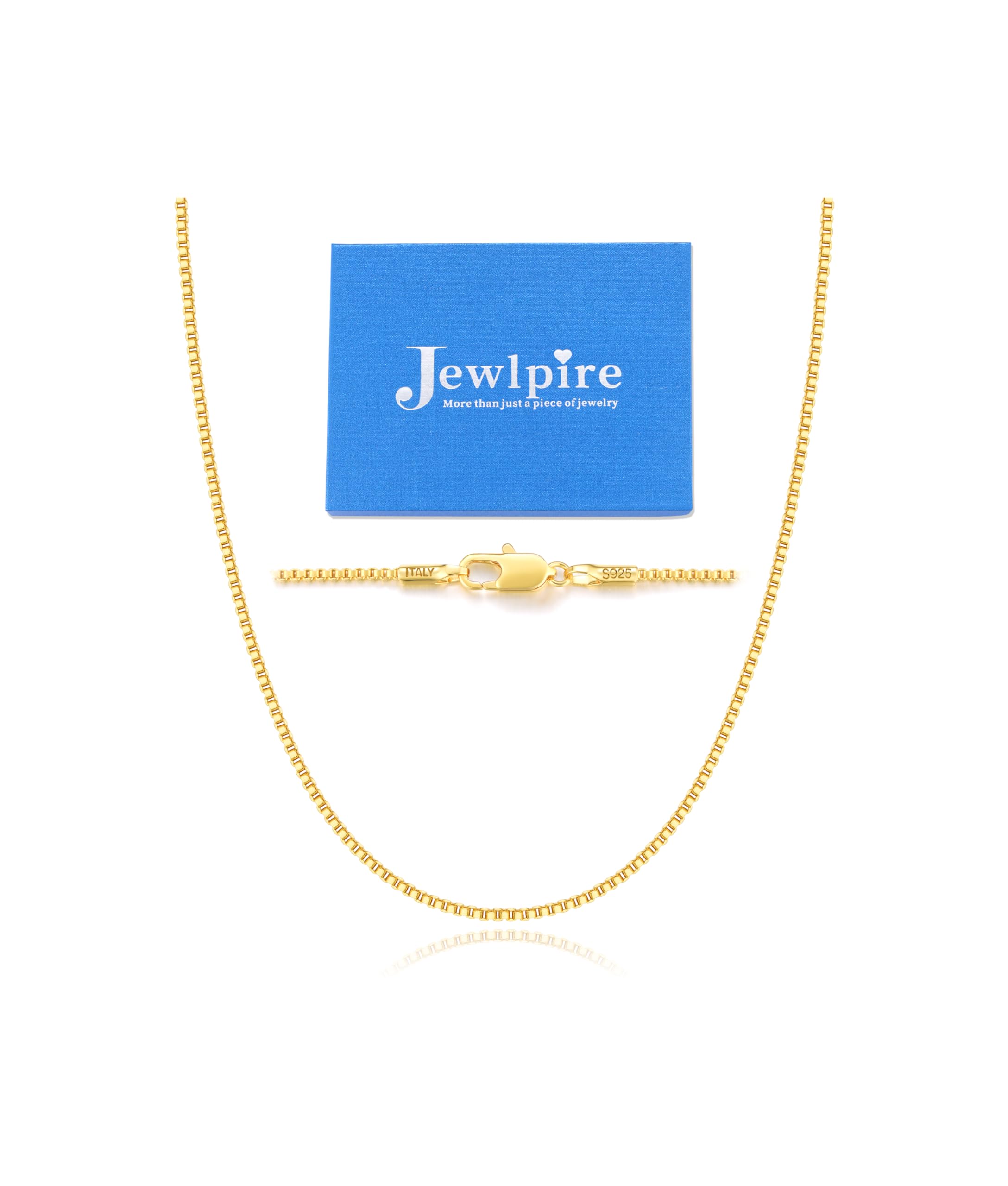 Jewlpire Italian 1.3mm Solid 14K Gold Over 925 Sterling Silver Chain Necklace for Women Girls, Italian Box Chain Thin & Strong Women's Chain Necklaces 14 16 18 20 22 24 26 Inches