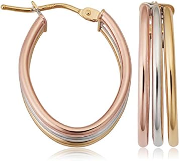 Real 14k Tricolor Yellow Gold White Gold and Rose Gold Triple Oval Hoop Earrings for Women - Made In Italy (0.9 inch height)