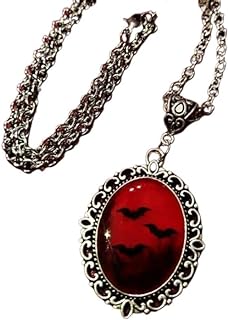 Pingyongchang Gothic Blood Bat Cabochon Pendant Necklace Vampire Bat Cameo Necklace Vintage Goth Celtic Mystic Witch Halloween Jewelry Gift for Women Girls