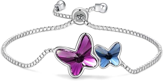 Box with Tongue Clasp Crystal Bangle Bracelet, Box Chain, Rhodium-Plated Metal with Blue, Purple, Pink Butterfly Design, Perfect for Women, Ideal Birthday Gift