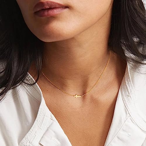 Dainty Cross Necklace for Women, 14K Gold Plated/Sterling Silver Simple Cross Choker Necklaces Small Cross Pendant Tiny Cute Necklaces for Teen Girls Handmade Aesthetic Gold Jewelry for Women