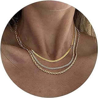 DEARMAY 14K Gold Necklaces for Women, Dainty Gold Herringbone Choker Necklace for Women Thin Layered Chunky Snake Chain Necklaces Jewelry for Teen Girl Gifts