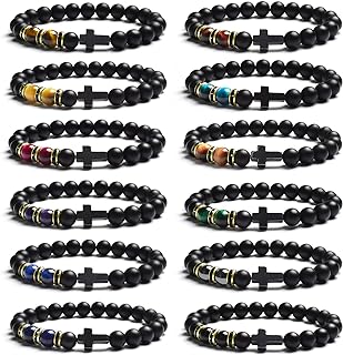 12Pcs Cross Beads Bracelet 8MM Semi-Precious Gemstone Bracelet Set Healing Crystal Stone Bracelets for Men Women Round Beaded Elastic Bracelets