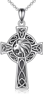 Sterling Silver Lion Cross Pendant Necklace - Cable Chain Hip Hop Style Religious Jewelry for Men and Women