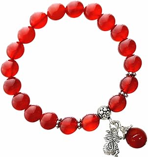 Handcrafted Feng Shui Red Agate Bead Bracelet with Zodiac Dragon Amulet and Lobster Claw Clasp