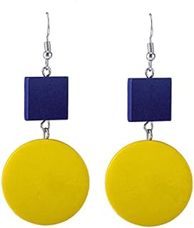 Coadipress Bohemian Yellow Square and Green Round Disc Dangle Wooden Earrings with Zinc Alloy for Women and Girls, Geometric Stud Design