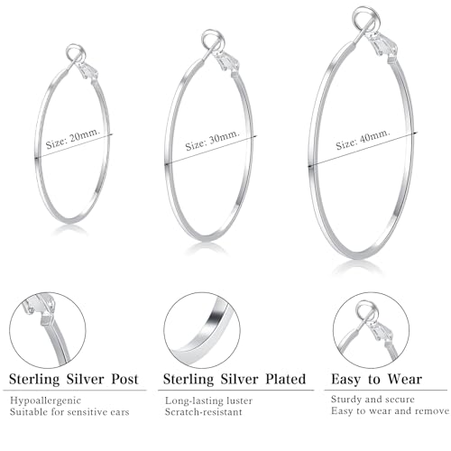 3 Pairs Sterling Silver Hoop Earrings - White Gold Plated Hoop Earrings Large Hoop clip-on Earrings Set Hypoallergenic Fashion Jewelry Gifts for Women 20/30/40mm（2 colors）
