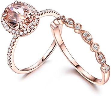 2pcs Bridal Ring Set,7x9mm Oval Cut Pink Morganite 14k Rose Gold Diamond Halo Half Eternity Wedding Band