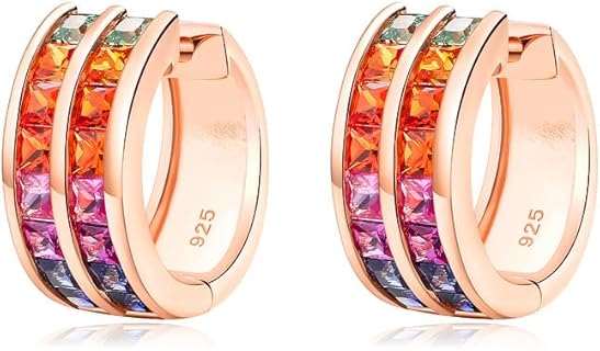 925 Sterling Silver Small Hoop Earrings for Women Girls Colorful Gemstone Emerald CZ Rose Gold Huggie Hoop Earrings