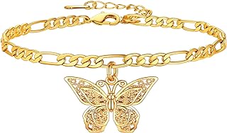 U7 Ankle Bracelets for Women, Stainless Steel/Gold/Black Chain Anklets, Butterfly/Flower/Cuban Link Chain/Heart Anklets Resizable Length 8-11 Inches