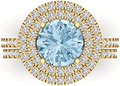 2.68ct Round Cut Natural Swiss Blue Topaz 14K Yellow Gold Halo Solitaire W/Accents Engagement Bridal Wedding Ring Band Set