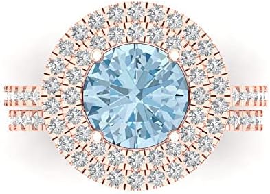 2.68ct Round Cut Natural Aquamarine 18K Rose Gold Halo Solitaire W/Accents Engagement Bridal Wedding ring band Set