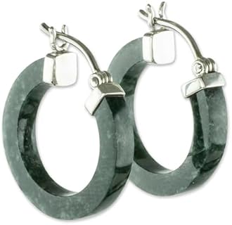 NOVICA Handmade Jade Hoop Earrings Guatemalan Dark Green .925 Sterling Silver Gemstone [0.9 in L x 0.8 in W x 0.1 in D] 'Conexion in Dark Green'