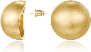Lever Back Brushed Half-Ball Gold Stud Earrings for Women, 14K Gold Plated Sterling Silver Made in China