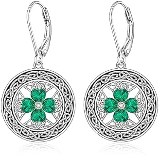 Chakra and Shamrock Drop Earrings for Women in Sterling Silver with Cubic Zirconia Four Leaf Clover Design