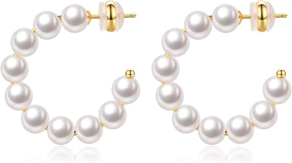 ESROVER Boucles d'oreilles créoles en perles pour femmes, plaquées or 14K, hypoallergéniques et élégantes, taille 1 cm, parfaites pour peau sensible et cadeaux d'anniversaire