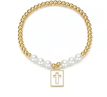 Pearl Beaded Cross Bracelet for Women and Men, 18K Gold Plated Beaded Stretch Mens Bracelet with 6mm Pearl 4mm Beaded, Christian Jewelry for Women, Couple Friendship Bracelet