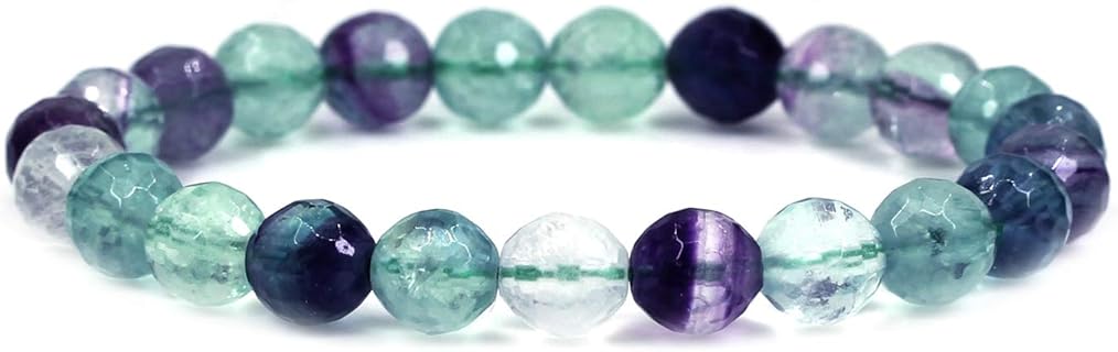 Unisex 7-inch Gem Semi-Precious Fluorite and Quartzite Stone Beaded Stretch Bracelet with Round Rock Crystal Jasper Design