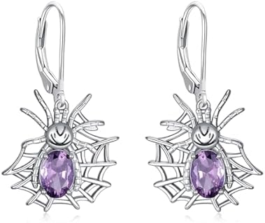 French Clip 925 Sterling Silver Spider Dangle Earrings with Crystal Accents. Adorned with Abalone Shell Animal Designs of Sharks, Bees, and Horses. Hypoallergenic Jewelry Gift for Women and Girls.