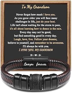 To My Grandson Gift Braided Leather Bracelet Men's Stainless Steel Braided Bracelet Inspirational Cuff Love You Forever Hand-woven Grandmother and Grandson Best Graduation Birthday Gift 7.5 Inches