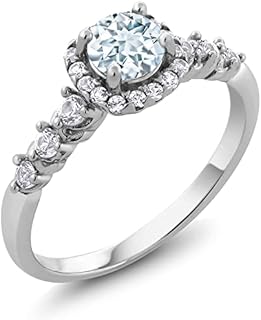 Gem Stone King 925 Sterling Silver Aquamarine and White Topaz Engagement Ring For Women | 0.87 Cttw | Gemstone Birthstone | Available 5,6,7,8,9