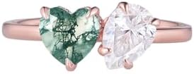 Unique Natural Moss Agate Ring Double Stone Heart Shaped Moss Agate And Pear Moissanite Engagement Rings For Women S925 10k 14k 18k Gold Natural Inspired Teardrop Wedding Ring For Her