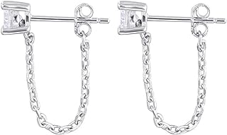 Reffeer Solid 925 Sterling Silver CZ Chain Studs Earrings Dangle for Women Teen Girls CZ Chain Drop Earrings Studs