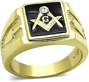 14K Gold-Plated Stainless Steel Crystal Freemason Wedding Ring for Men with Masonic Lodge Design