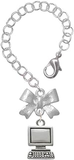 Lobster Clasp Geek Charm Bracelet - Silvertone Computer and Bow Design for Tech Enthusiasts - Base Metal Accessory