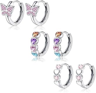 YADOCA 3Pairs Hypoallergenic Hoop Earrings for Girls Women 925 Sterling Silver Post Cute Flowers Heart Butterfly Cubic Zirconia Sleeper Small Huggie Hoop Earrings Set 10mm
