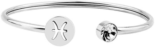 Stainless Steel Zodiac Sign Cuff Bracelet with Lobster Claw Clasp & Birthstone Highlight - Box Chain Design for Women