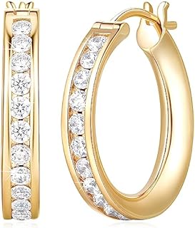 14K Gold Clip On Hoop Earrings with Radiant Cubic Zirconia for Women - Elegant and Comfortable 20mm Design