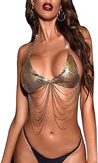 Crystal Sequins Body Chains Tassel Bra Crop Top Beach Bikini Rave Dance Belly Necklace Strap Backless Chain Halter Party for Women Girls