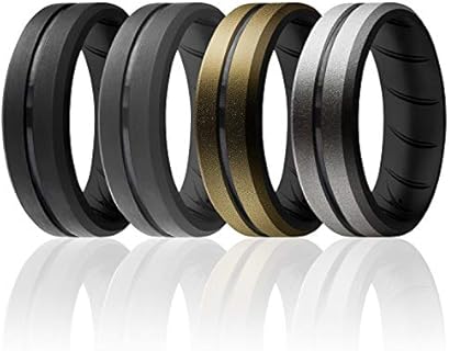 ROQ Silicone Rubber Wedding Ring for Men, Comfort Fit, Men's Wedding Band, Breathable Rubber Engagement Band, 8mm Wide 2mm Thick, Engraved Duo Middle Line, 4 Pack, Black, Grey, Bronze, Silver, Size 11