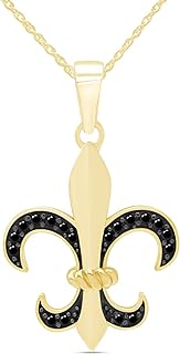 14k Yellow Gold Over Sterling Silver Fleur de Lis Necklace with Round Cut Black Cubic Zirconia & 18" Silver Spring Ring Chain