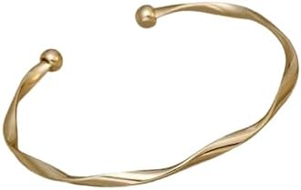 18K Gold-Plated Platinum Twisted Cuff Bracelet with Bead Chain for Women and Men, Open Bangle Design