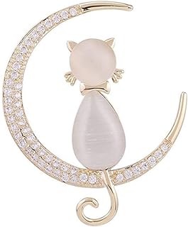 Rhinestone Moon Cat Brooch Pin for Women Girls Gold Plated Fashion Delicate Moonstone Animal Kitten Brooches Lapel Pins Dainty Cute Christmas Birthday Holiday Jewelry Gift for Daughter Niece