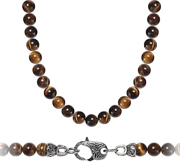 Lobster Clasp Tiger Eye Beaded Necklace Chain with Stainless Steel for Men, Round Design Healing Crystal Jewelry