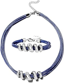 Woman's Faux Leather Choker Necklace & Cuff Bracelet Set with Lobster Clasp and Spiral Design - Stainless Steel Boho Jewelry Gift Set from Hong Kong