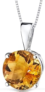 PEORA 14K White Gold 1.75 Carats Genuine Citrine Pendant for Women, Classic Solitaire, AAA Grade Round Shape 8mm